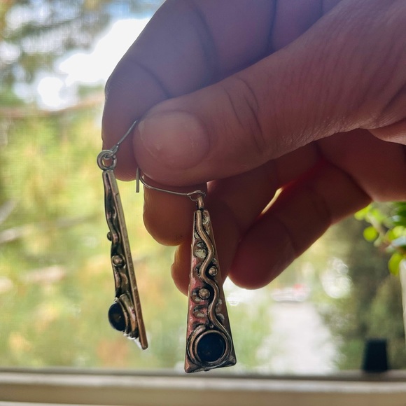 Metal Silver Boho Inlaid Blue Stone Drop Earrings - Picture 7 of 7